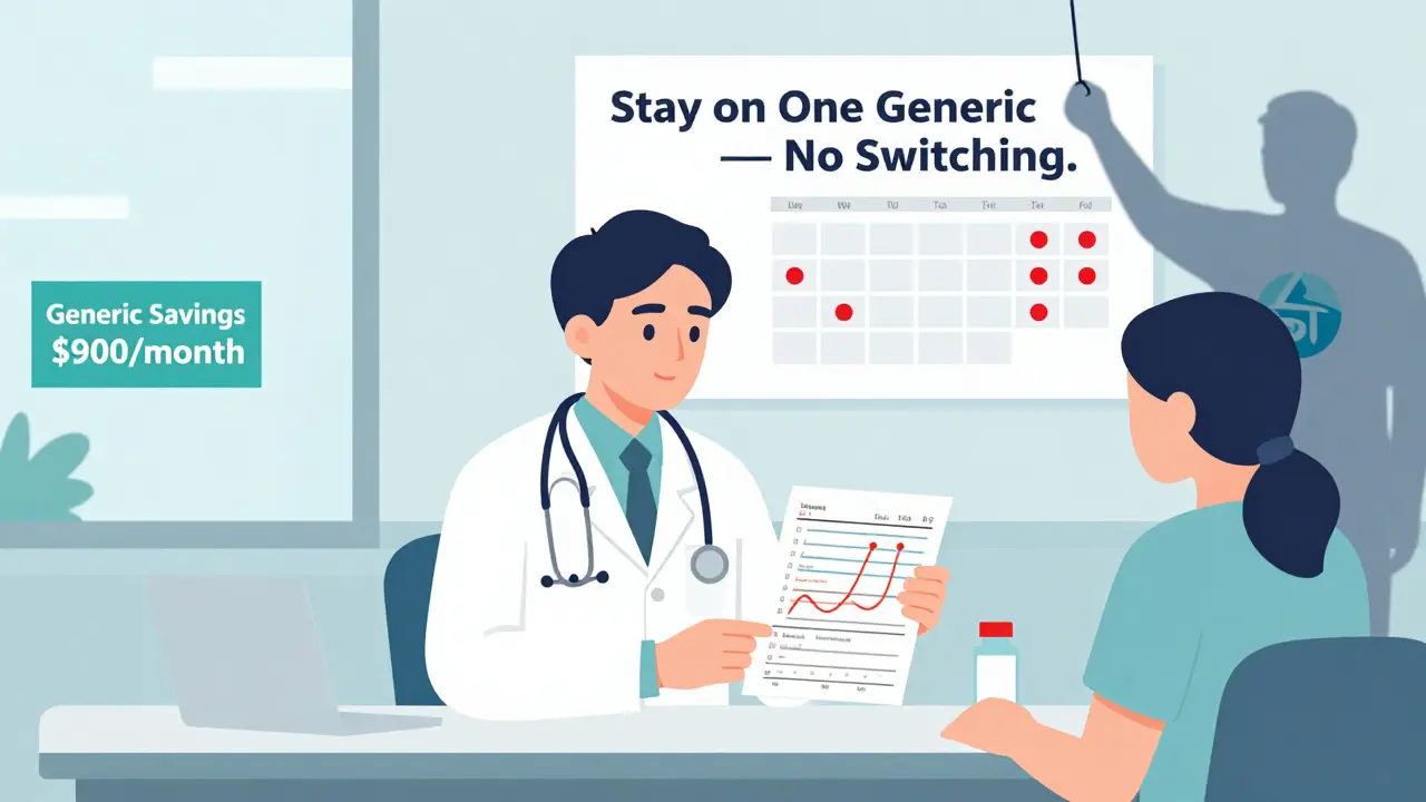 Doctor and patient reviewing blood test chart with weekly monitoring calendar