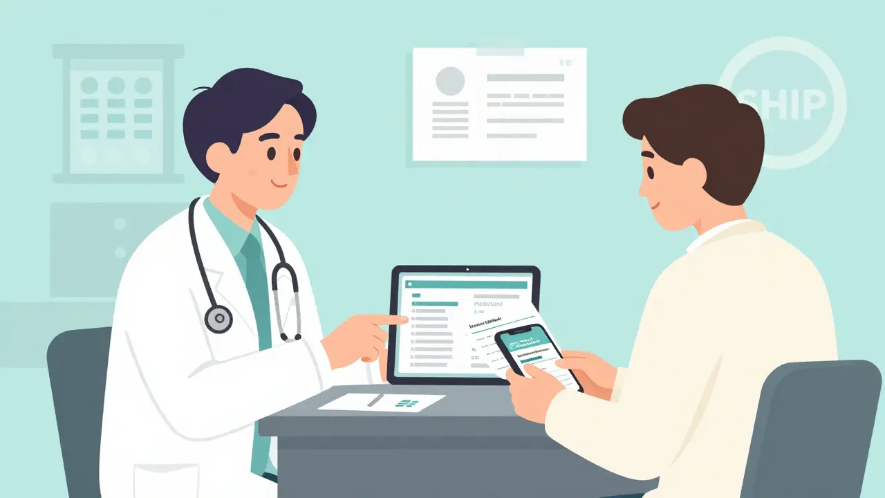 Doctor and patient reviewing formulary change on tablet, with medication list and assistance program visible.
