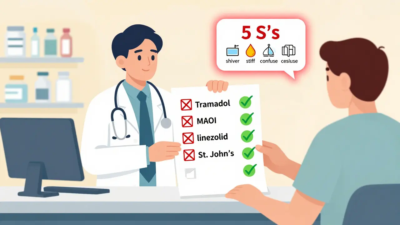 Doctor and pharmacist reviewing a checklist of safe and unsafe medications with a patient.