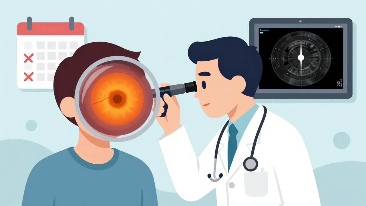 Doctor examining eye with swollen optic nerve visible in magnified view
