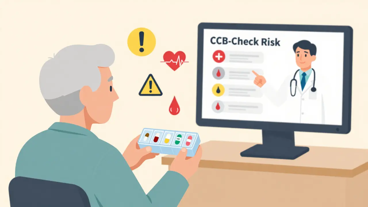 Elderly patient with multiple medications and pharmacist reviewing a digital risk score for calcium channel blockers.