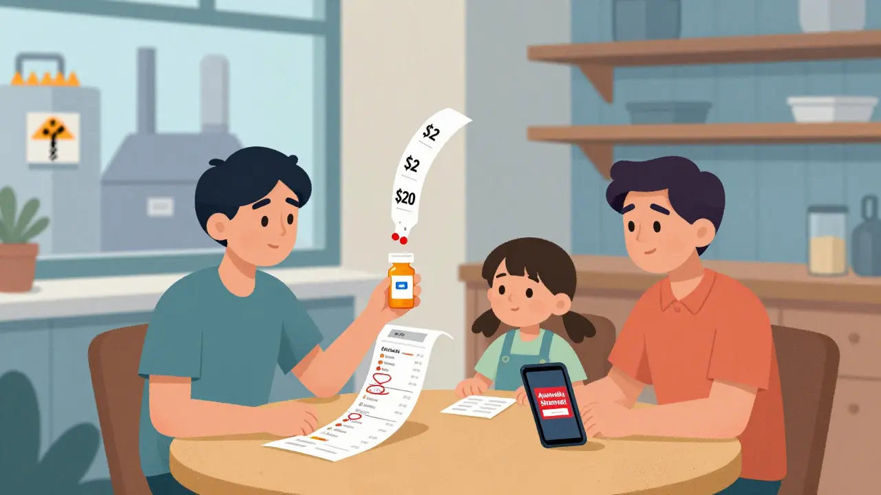 Family at table facing rising drug prices and food budget stress