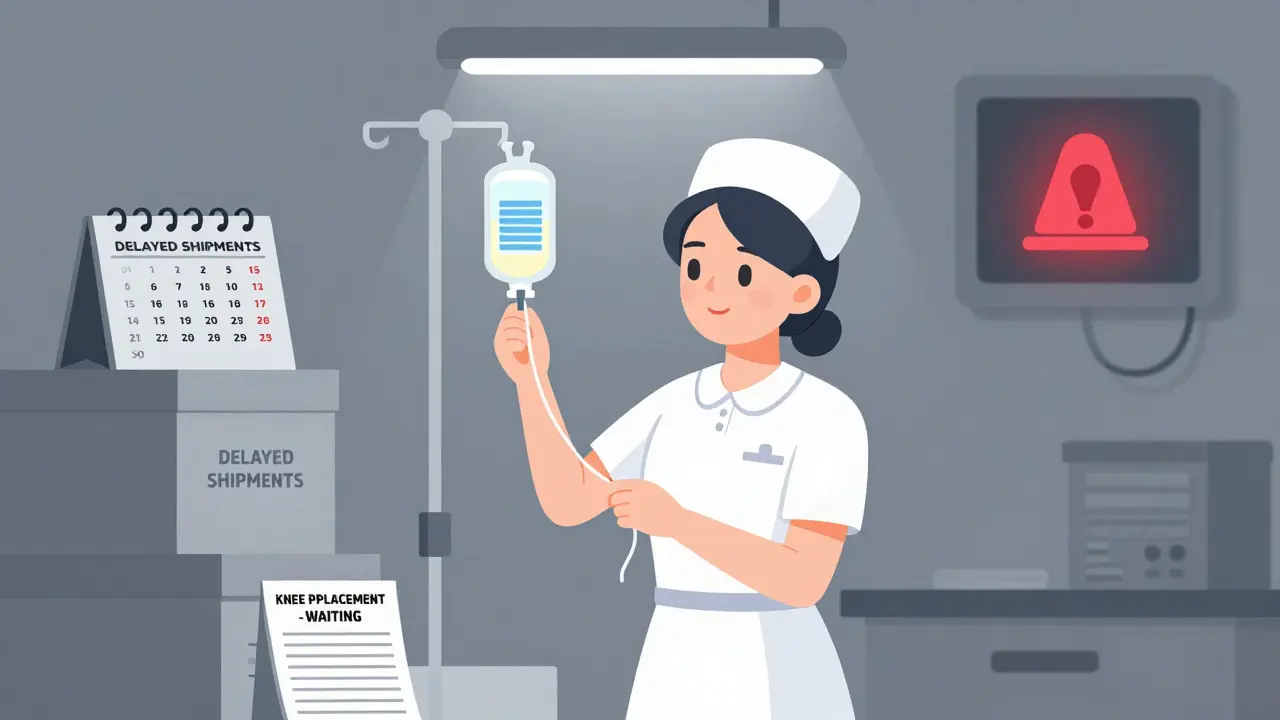 Nurse reusing IV bag in hospital with delayed surgery calendar