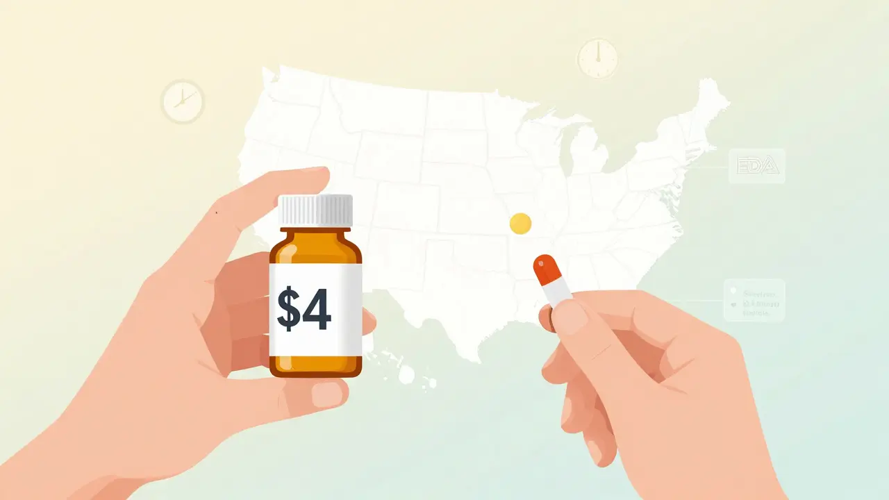 Patient holding a low-cost generic pill bottle next to an expensive brand-name version, with manufacturer icons around it.