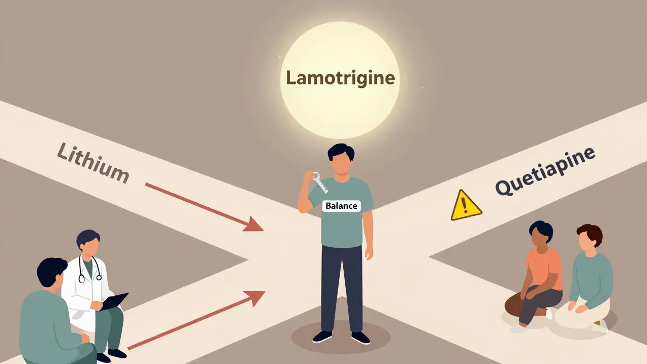 Person choosing between medication paths at a crossroads, with supportive figures nearby.