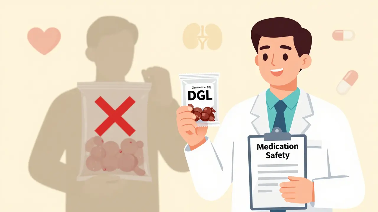 Person holding safe DGL licorice with pharmacist, traditional licorice with red X in background.