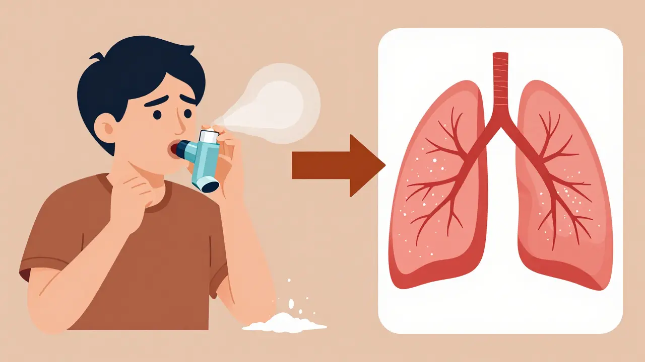 Person inhaling too slowly with dry powder inhaler, powder falling to ground versus correct deep breath