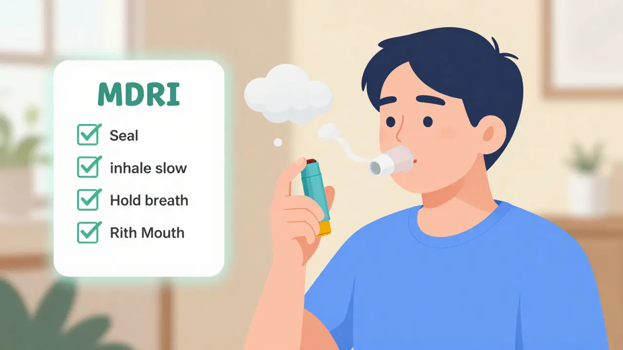 Person using inhaler with spacer, medicine flowing into lungs, checklist of correct steps visible