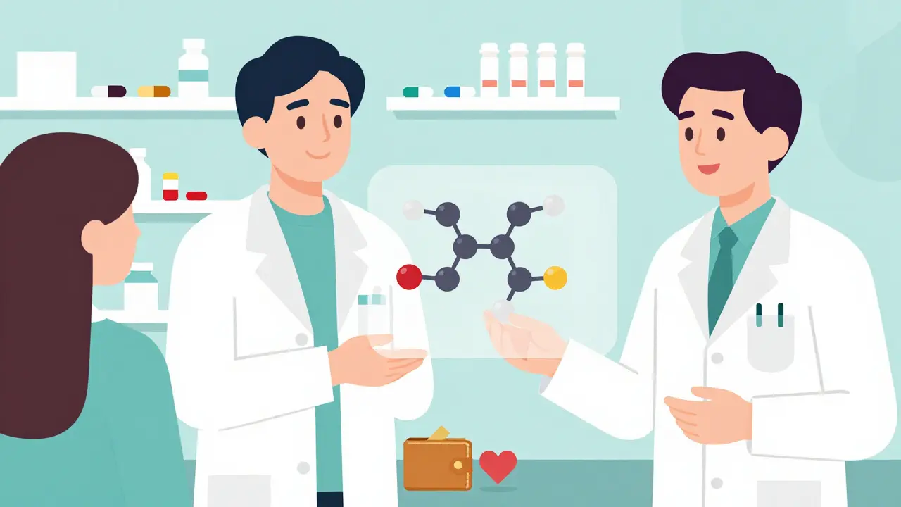 Pharmacist giving a generic pill to a patient, with molecular structure and wallet savings shown.