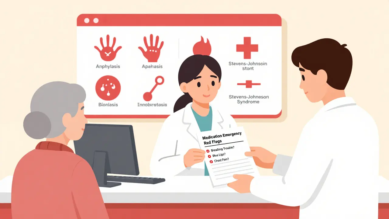 Pharmacist giving checklist of emergency symptoms to patient in a pharmacy setting.