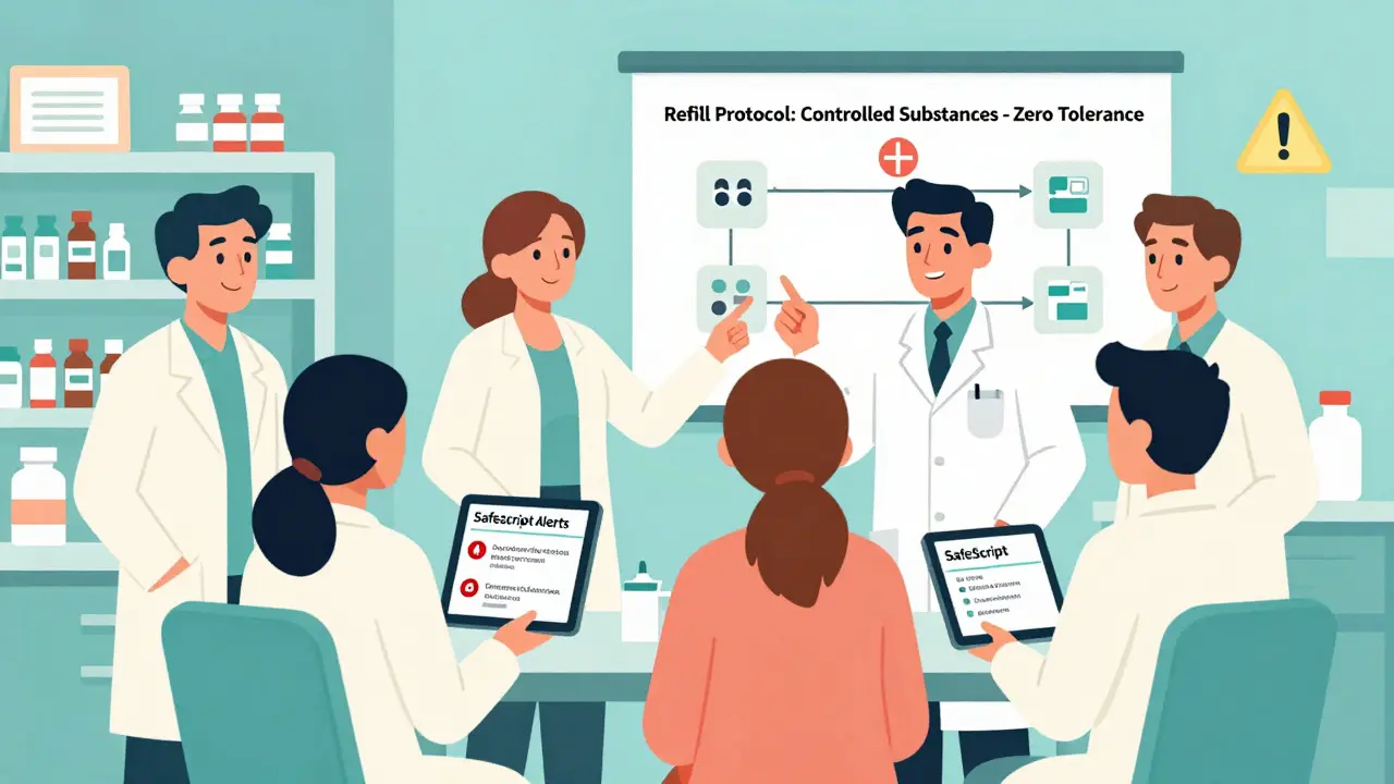 Pharmacy team reviewing SafeScript alerts during a huddle to prevent medication errors