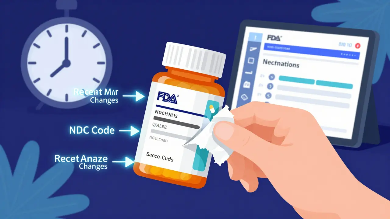 Pill bottle label being removed to reveal detailed FDA drug label sections.