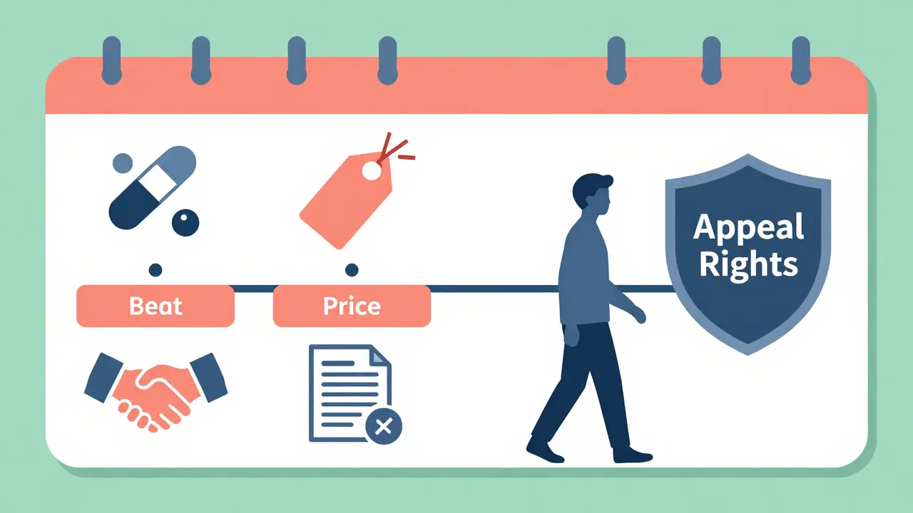 Quarterly calendar showing formulary change triggers leading to patient empowerment and appeal rights.