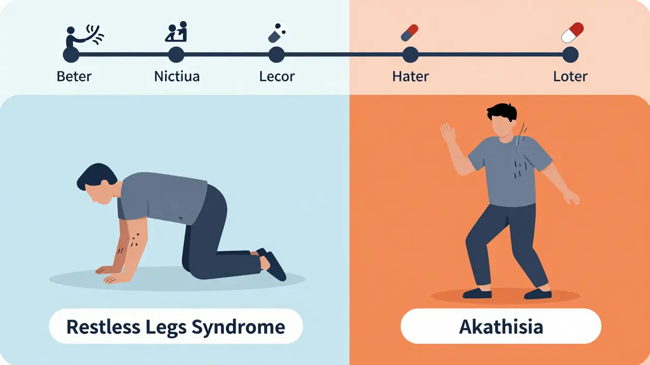 Side-by-side comparison of Restless Legs Syndrome and Akathisia, showing different symptoms and triggers with symbolic visuals.