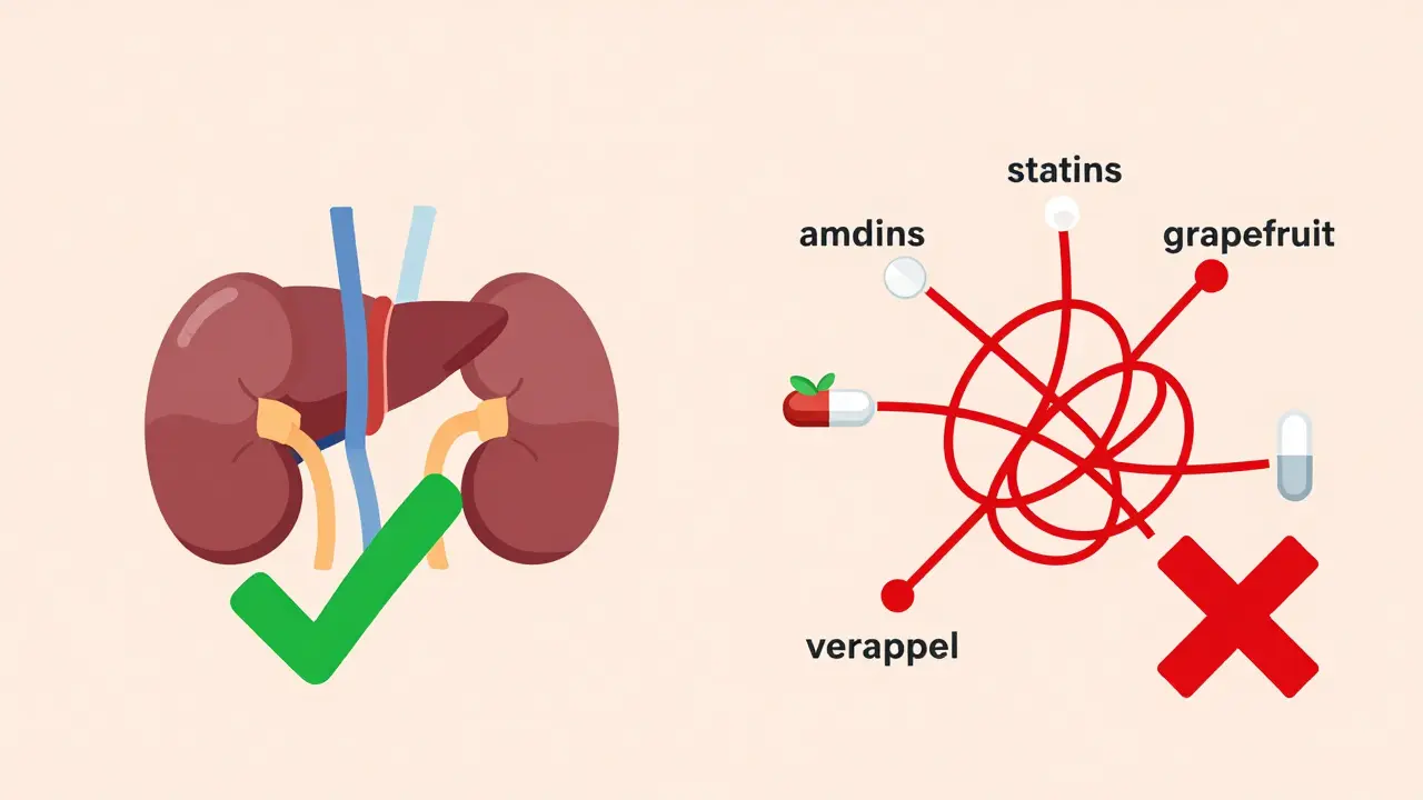 Side-by-side comparison of safe amlodipine metabolism versus risky verapamil interactions with other drugs.