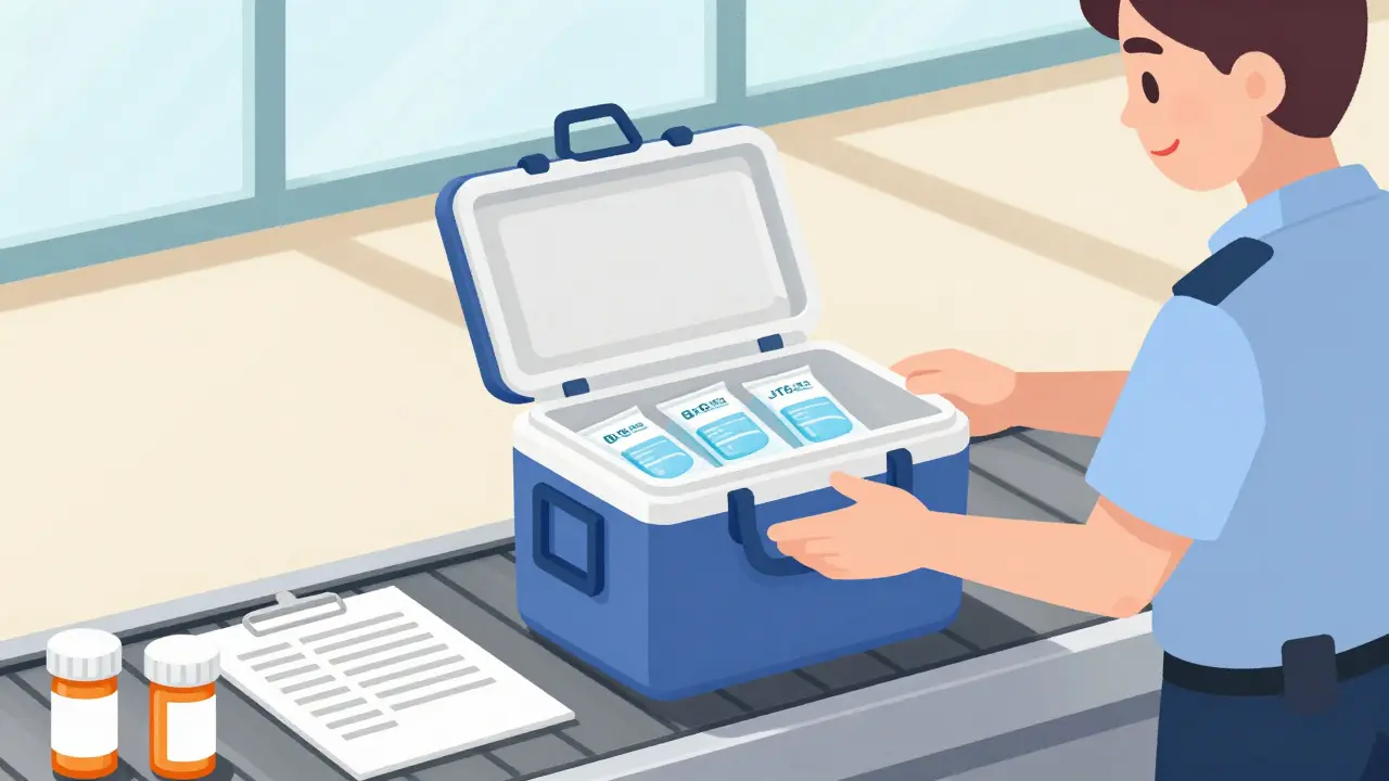 Small cooler with frozen ice packs and medication list on airport conveyor belt