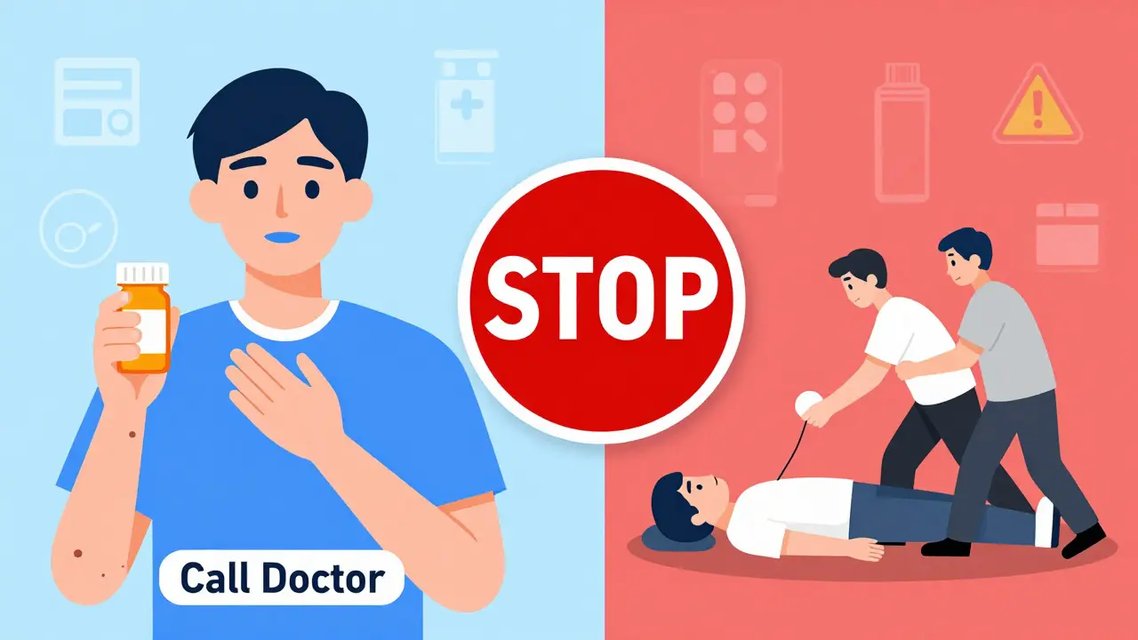 Split illustration showing mild side effect versus life-threatening reaction to medication.