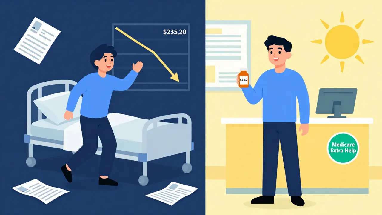 Split image: person skipping meds vs. taking affordable pills with cost savings shown.