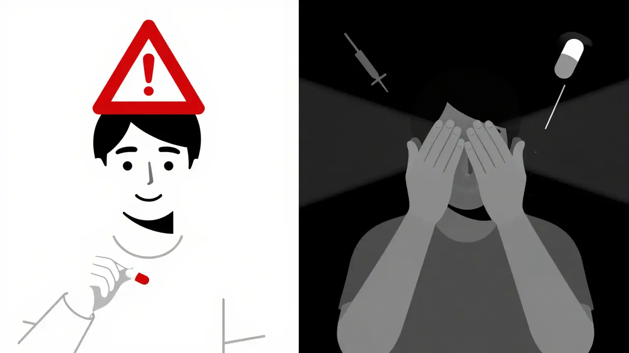 Split image: person taking two meds vs. losing vision with warning symbols