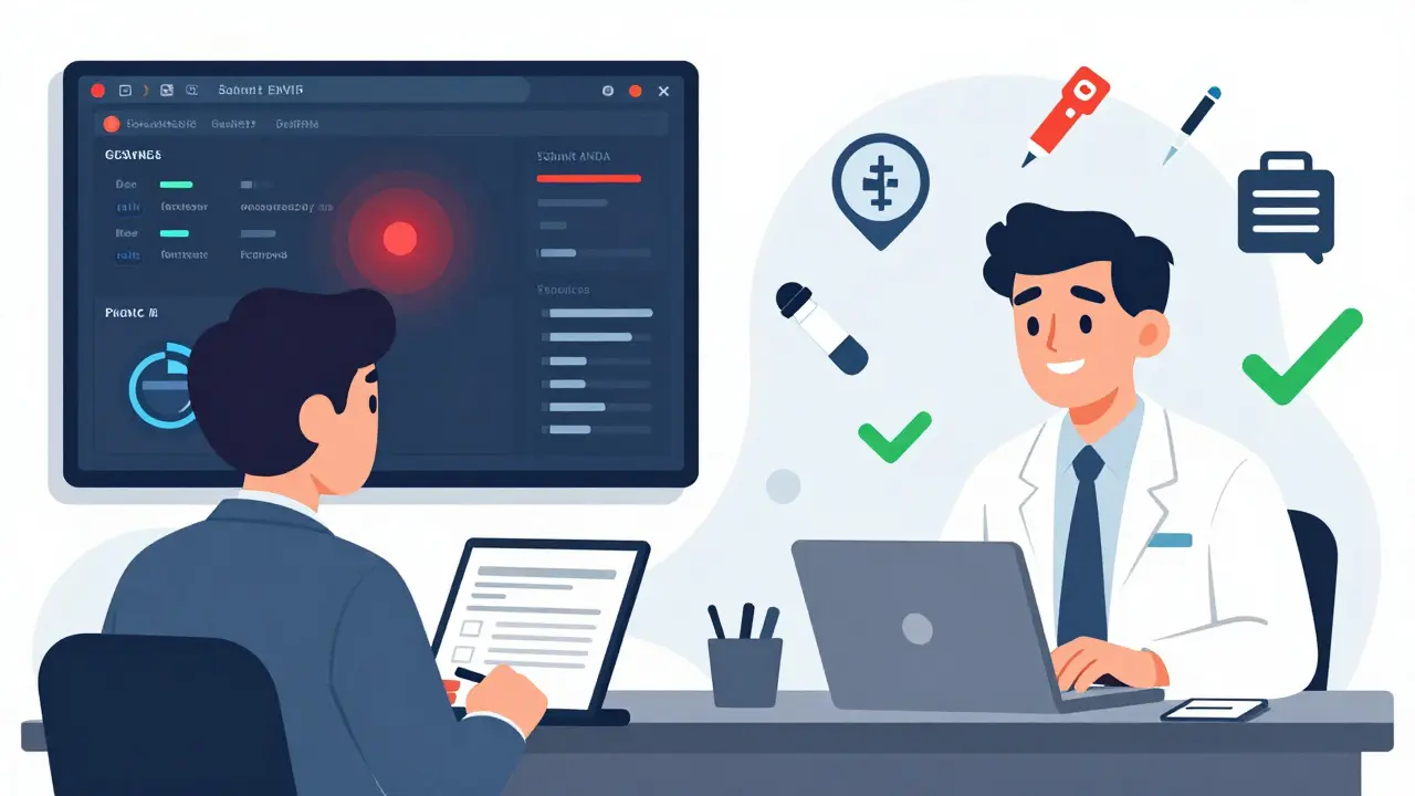 Split scene: brand executive stressed by AI forecast vs. generic company submitting ANDA successfully.