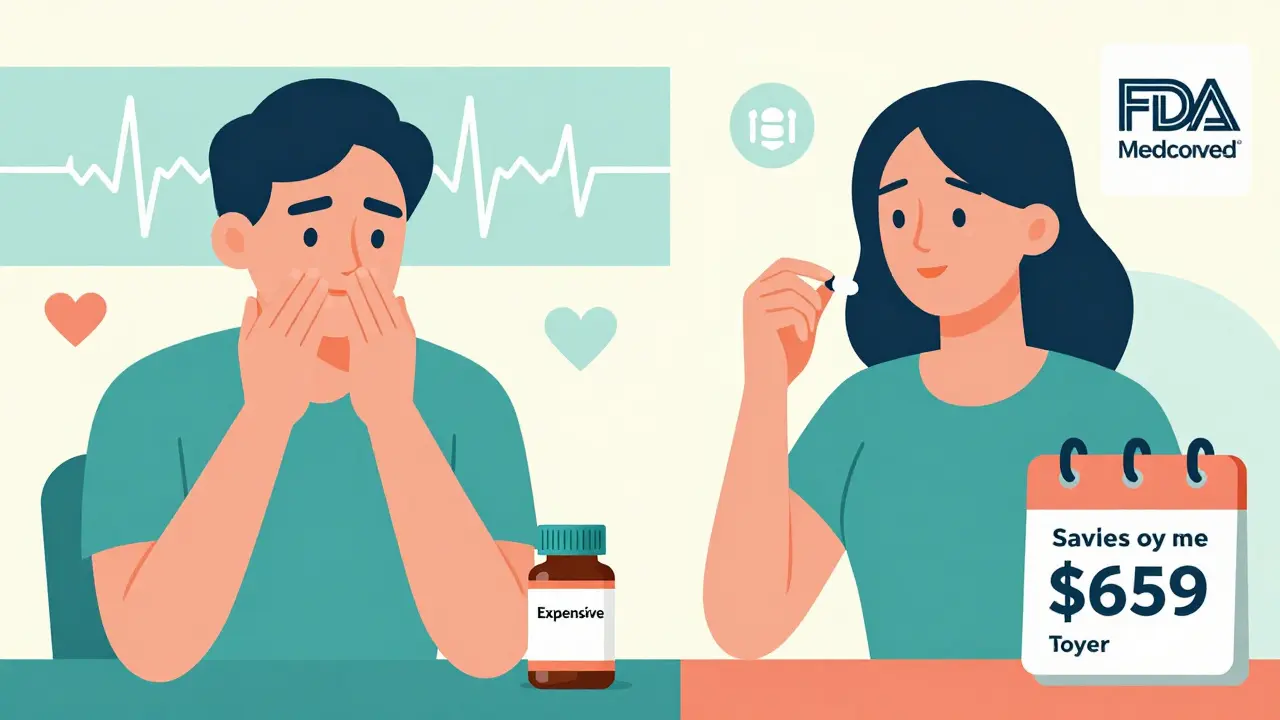 Split scene: person choosing generic over brand-name pill, with cost savings and FDA approval shown.