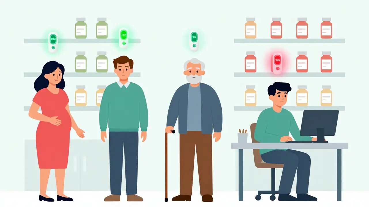 Three people with individual TSH meters, some normal, some abnormal, surrounded by identical pharmacy pill bottles.