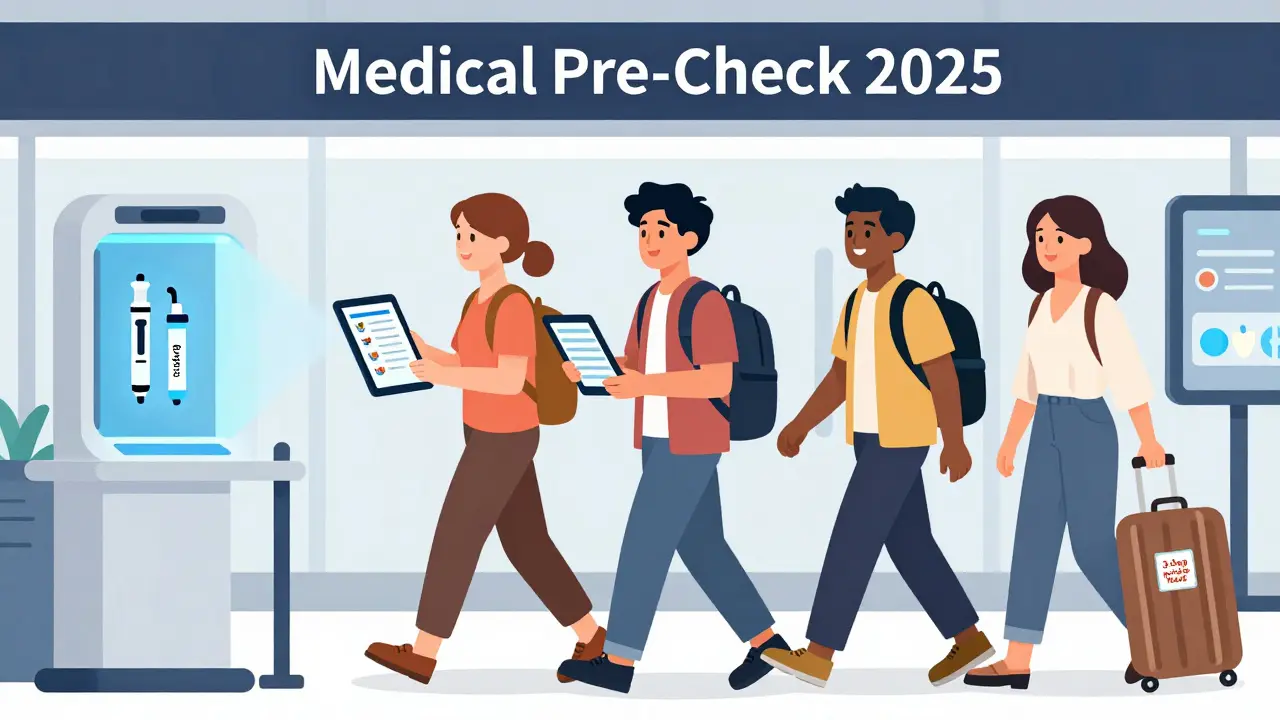 Travelers using medical pre-check lane with AI scanners detecting medications
