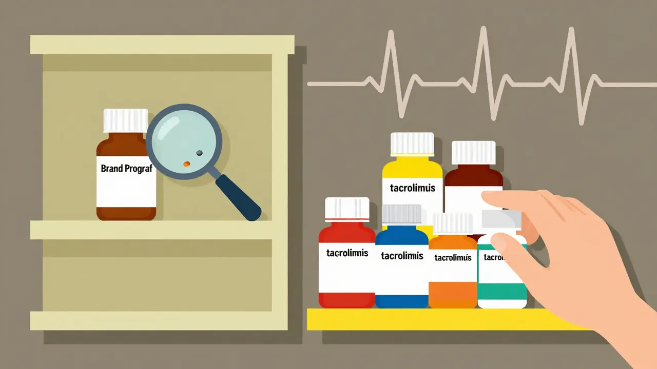 Two pharmacy shelves: one with brand drug, another with many different generic versions