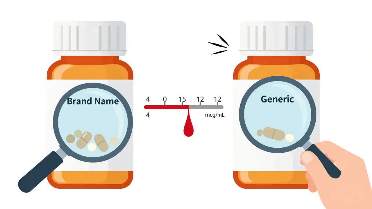 Two pill bottles side by side with differing compositions, one causing blood levels to fall below safe range.