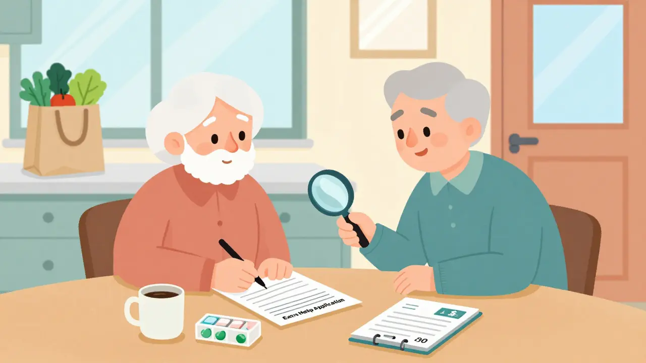 Two seniors and a counselor reviewing an Extra Help application at a kitchen table.