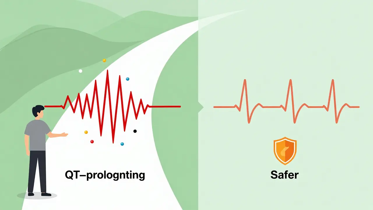 Two side-by-side pathways: one showing dangerous heart rhythms from methadone, the other a safe normal rhythm with buprenorphine.