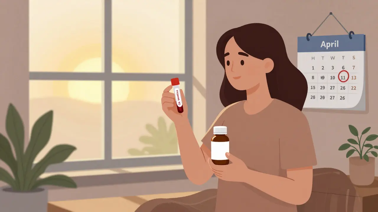 Woman holding vitamin D test and bottle beside a sunrise-simulating window