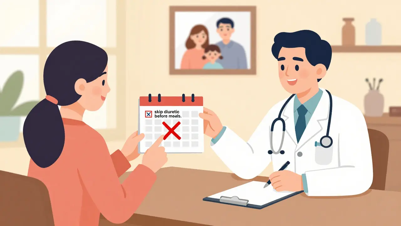 A doctor and patient discuss medication adjustments in a home setting, smiling.