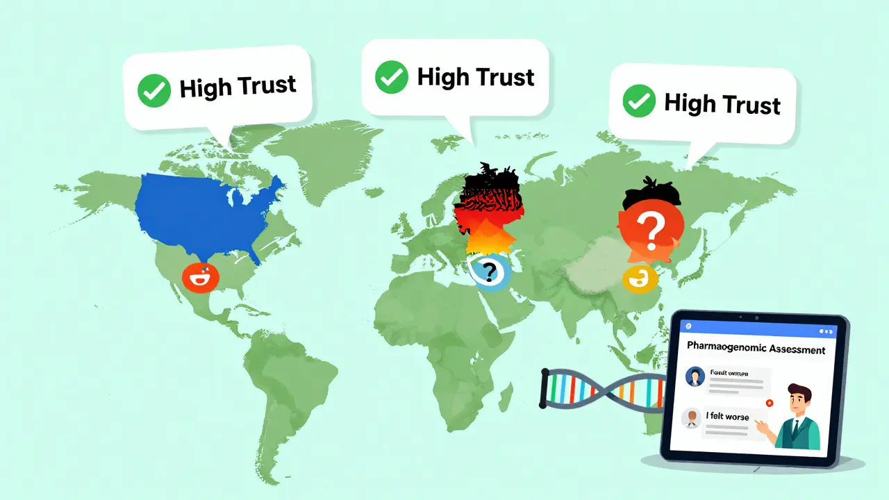 A global map shows cultural differences in generic drug trust, with DNA and AI analysis elements.