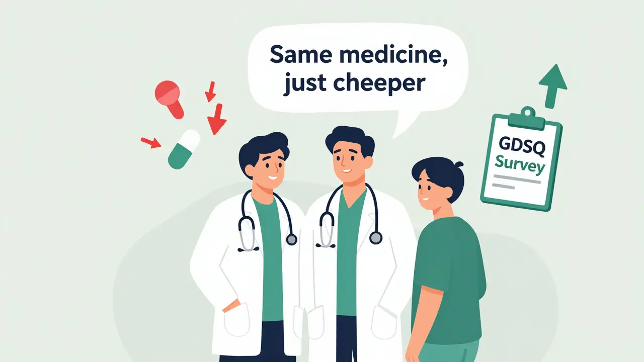 A healthcare provider explains generics to a patient, with icons of low-satisfaction medications nearby.