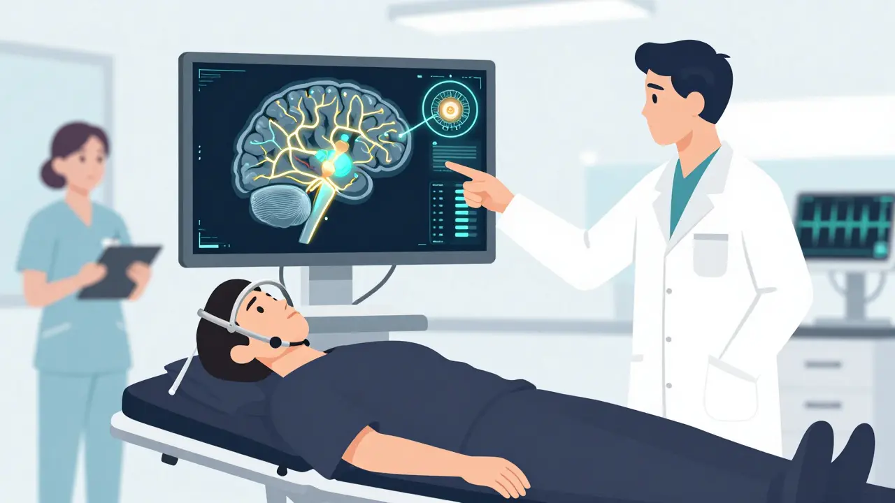 A patient undergoing awake brain surgery with a neurosurgeon using a 3D brain map to guide electrode placement.