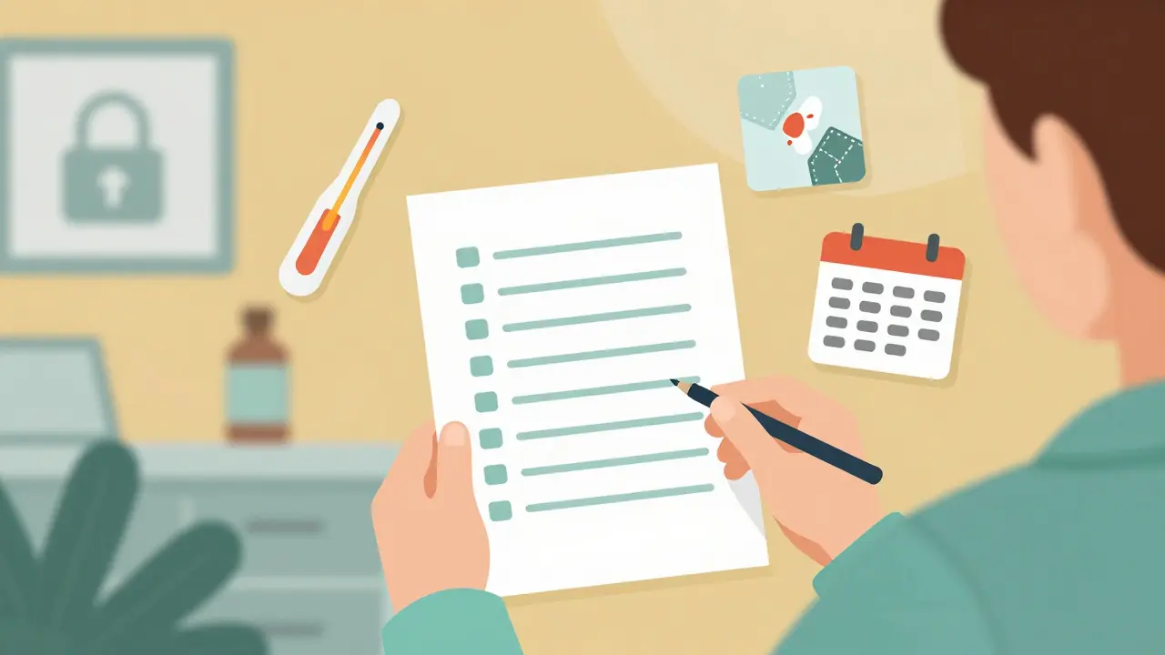 A person reviewing a tapering plan with safety icons like a locked box, thermometer, and broken patch around them.