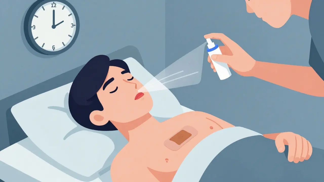 A person unconscious on a bed as a family member administers naloxone, with a fentanyl patch visible and warning signs in the room.