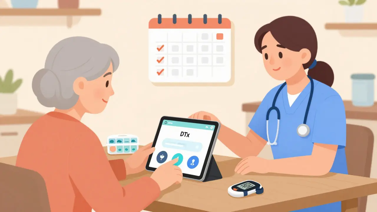 An elderly woman receiving in-person help from a nurse to use a simple digital therapeutic app on a tablet at home.