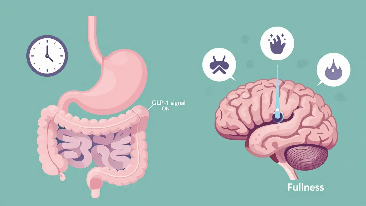 Anatomical illustration of stomach and brain with GLP-1 signal and side effect clouds