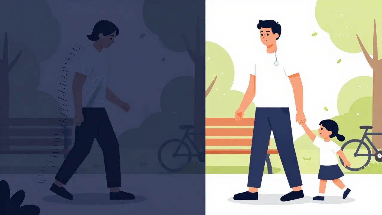 Before and after scene: a person frozen in movement versus walking confidently with a grandchild after DBS treatment.