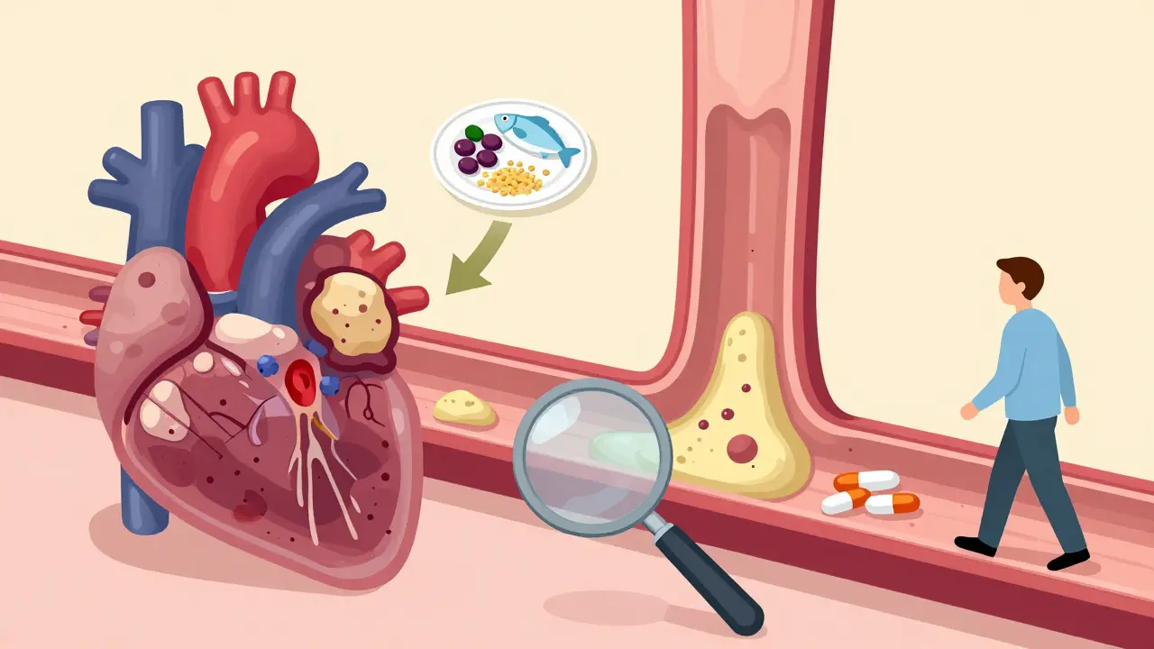 Coronary artery before and after stent placement, with healthy lifestyle elements promoting plaque reduction.