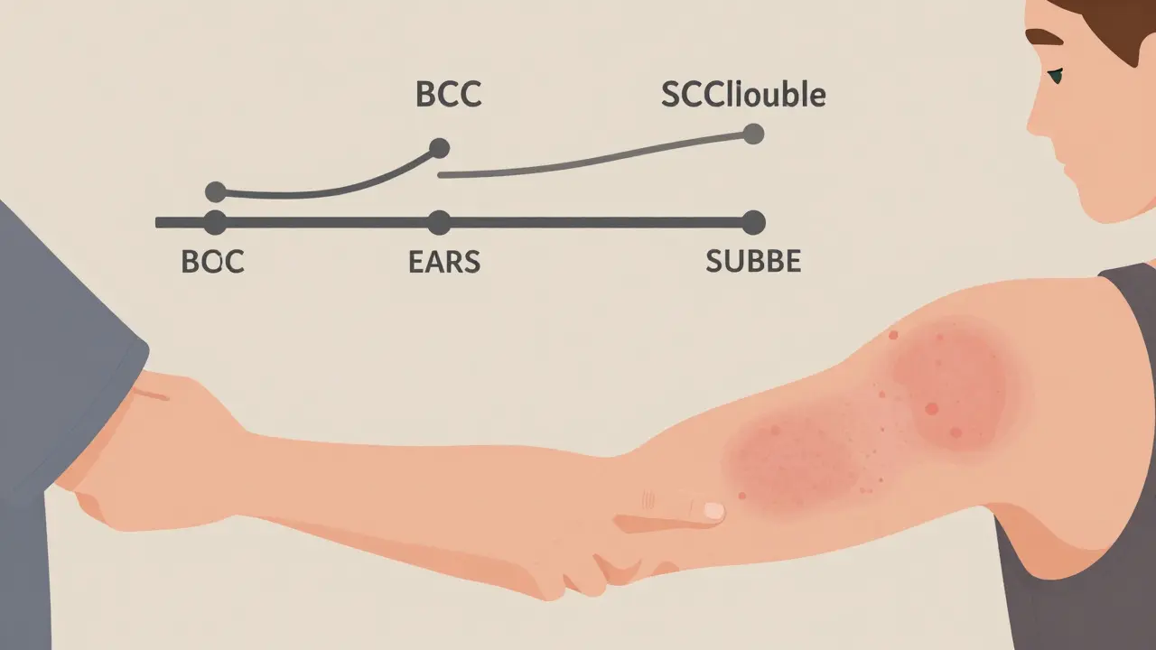 Dermatologist examining skin with a timeline comparing slow-growing BCC and fast-growing SCC.