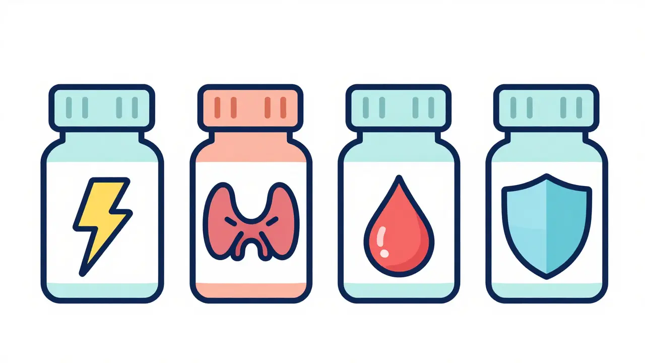Four pill bottles with icons for antiepileptics, thyroid meds, warfarin, immunosuppressants