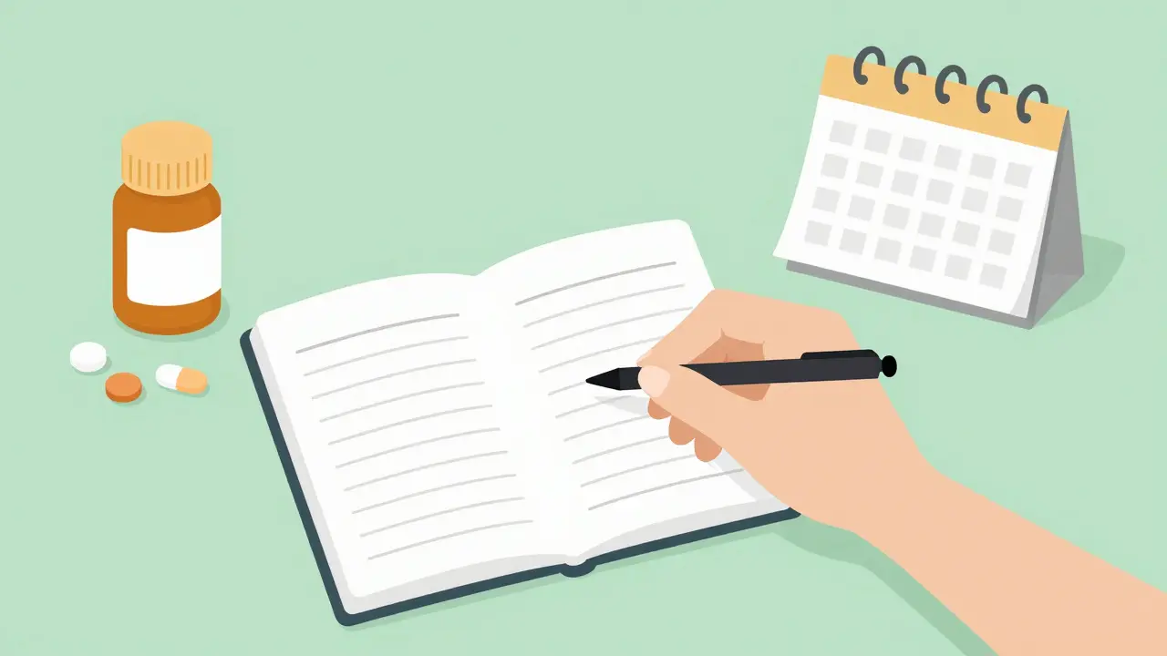 Hand writing symptom log with pill bottle and calendar on table