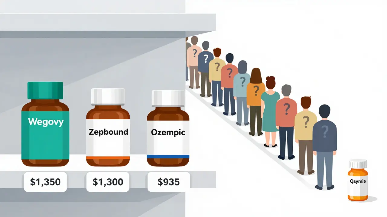 Pharmacy shelf with expensive GLP-1 weight loss drugs and a long waitlist of people