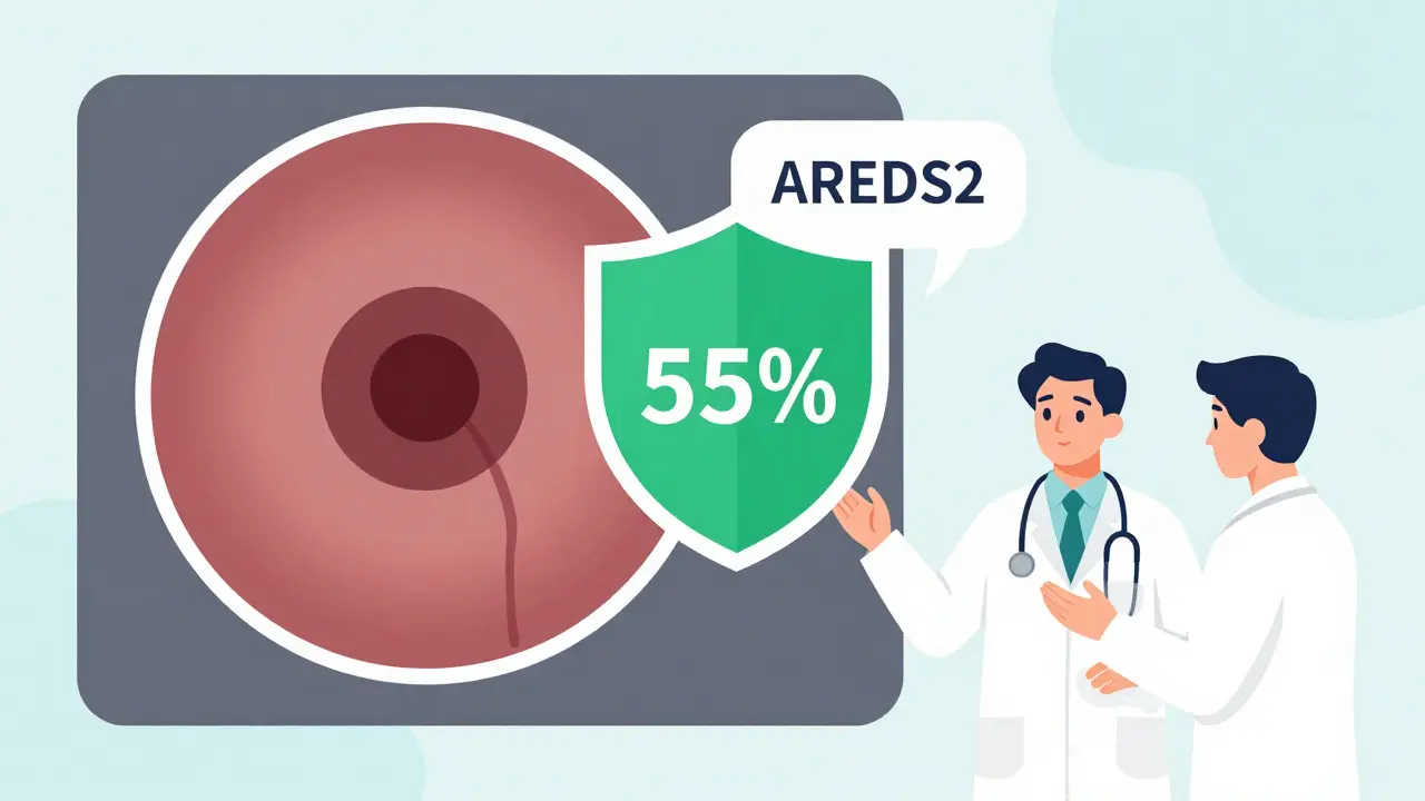 Retinal scan with protected lesion showing 55% slower growth due to AREDS2 vitamins, doctor and patient discussing.