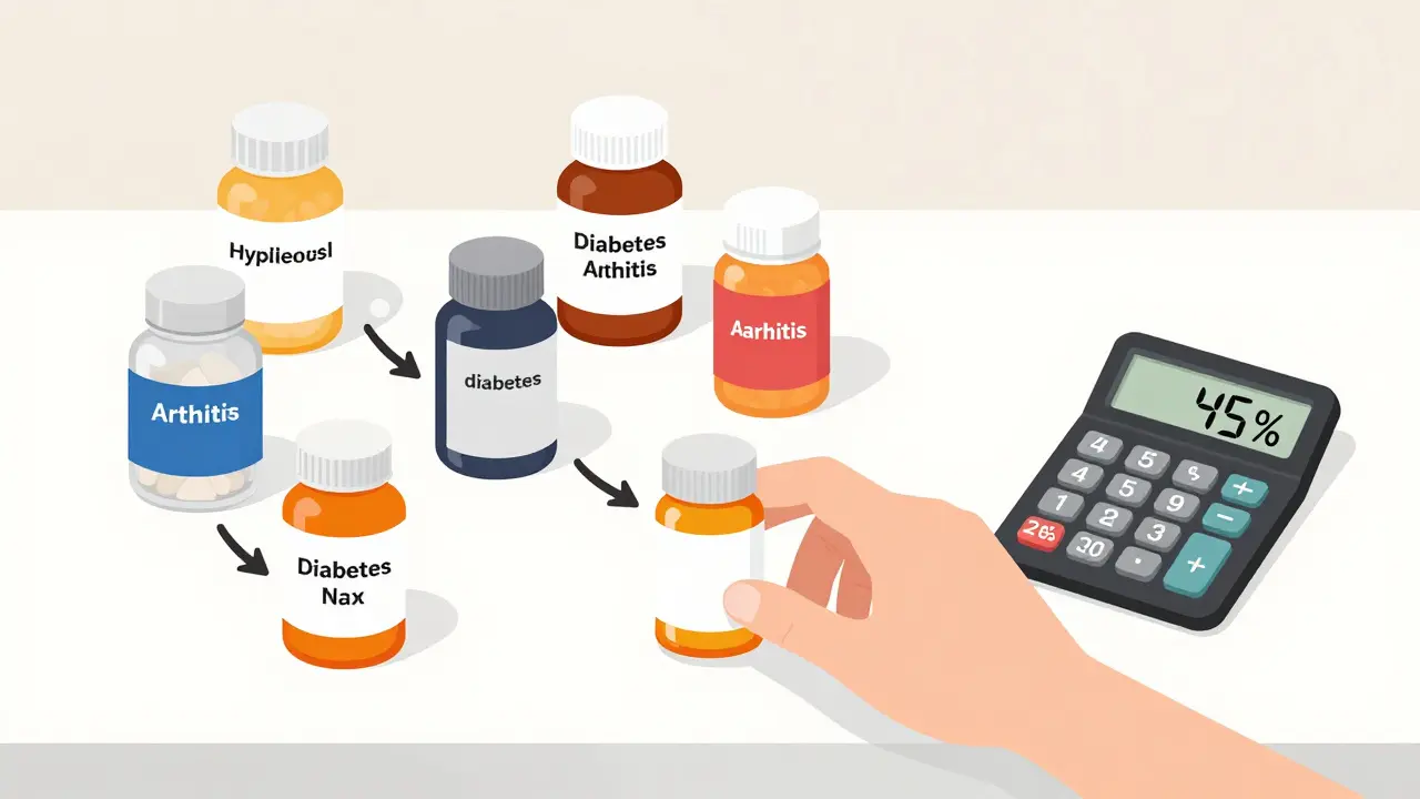 Seven pill bottles on a counter with arrows showing how complexity reduces adherence.