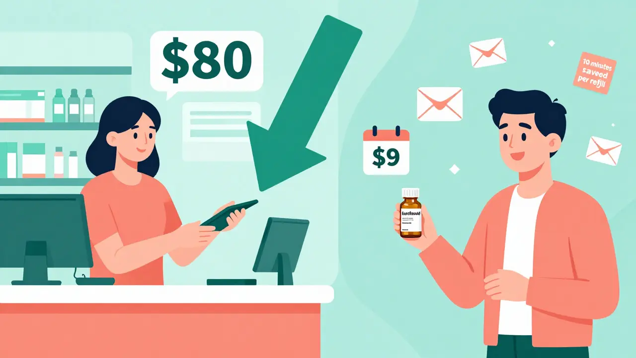 Side-by-side comparison of expensive brand-name medication versus cheap generic alternative with savings icons.