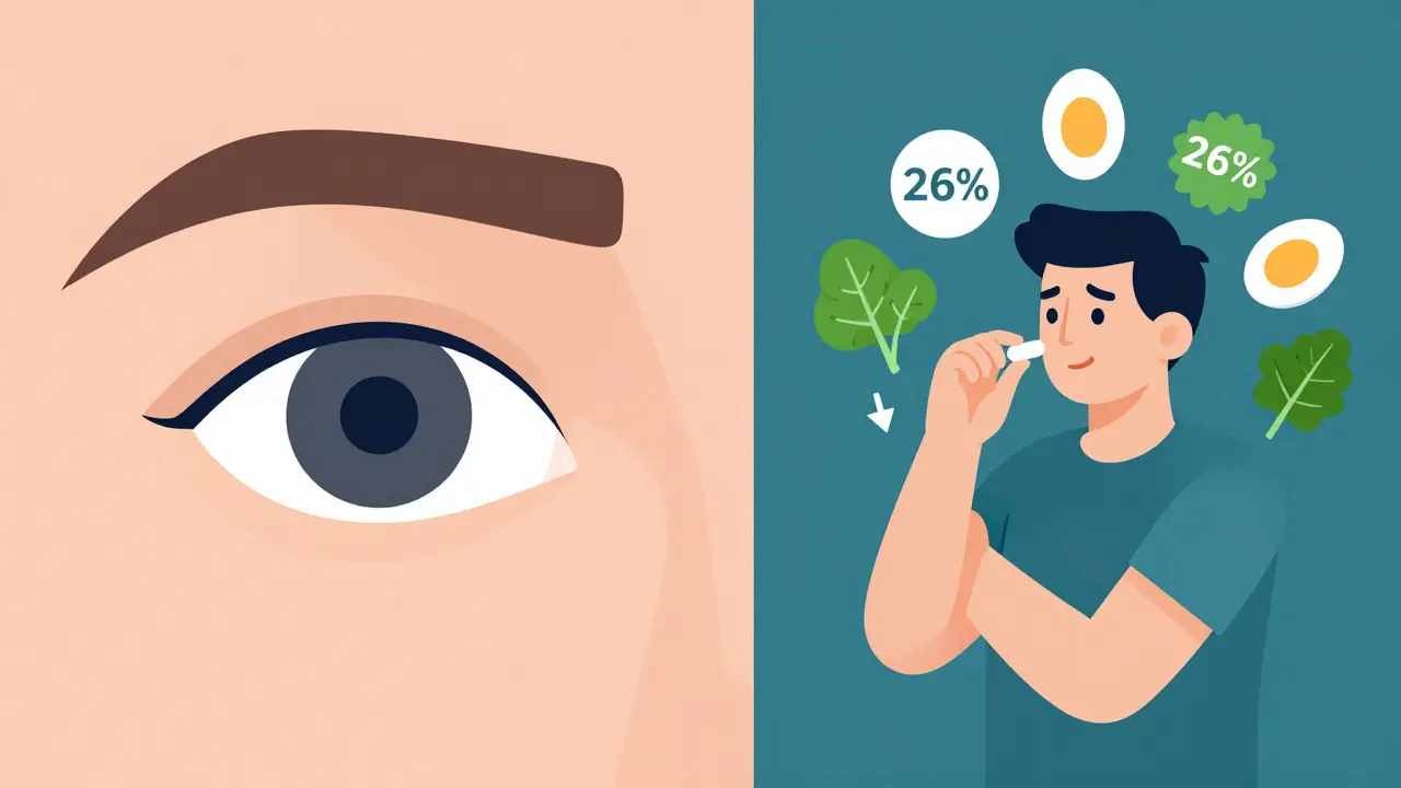 Split illustration: healthy eye vs. intermediate AMD patient taking supplements with leafy greens and nutrient icons.